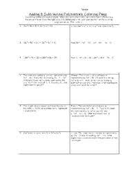 Students will find the sum and/or difference of 12 problems in this fun coloring activity resource. Adding Subtracting Polynomials Coloring Activity By J Skipz Does Math