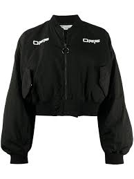Black And White Bomber Jacket Womens Off White Logo Print Cropped Bomber Jacket Farfetch In 2020 Cropped Bomber Jacket Black Bomber Jacket Black Bomber Jacket Outfit