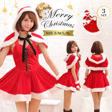 楽天市場】【期間限定 ポイント15倍！】サンタ コスプレ レディース セクシー サンタクロース クリスマス コスチューム 衣装 仮装 ワンピース  ケープ フード 付き カフス 3点 セット 大きいサイズ 可愛い 大人 女性 リボン パーティー 赤 黒 クリスマス特集 即納 ...