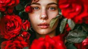 giovane donna con lentiggini Tenere rosa Rose e soffiaggio un' bacio  circondato di cuore illustrazioni 49017968 Stock Photo su Vecteezy