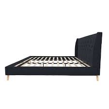 Baxton studio germaine king platform bed in dark gray. King Mid Century Style Navy Blue Linen Upholstered Wingback Platform Bed Fastfurnishings Com