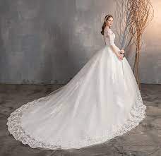 The narrow spaghetti straps are sweetly embellished. 2021 New V Neck Half Sleeve Wedding Dresses Long Lace Embroidery Train Bridal Gown Elegant Plus Size Vestido De Noiva Wedding Dresses Aliexpress