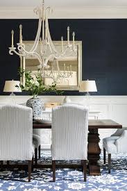 The brown is also nice with the blue and white and. Brown Trestle Dining Table On Blue Floral Rug Transitional Dining Room