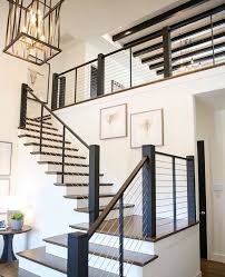Black And White Stair Railing Ideas Home Interior Stairs Black And White And Wood Stairs Open Railing Cable Cord Rails In 2020 Modern Stair Railing Rustic Stairs Staircase Decor