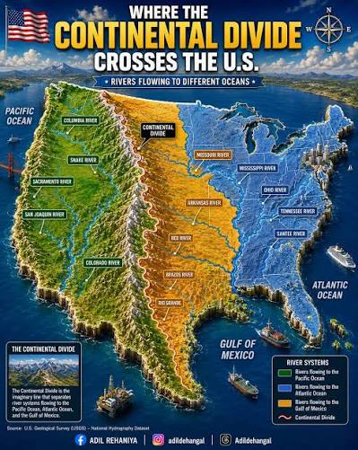 🌎 Where the Continental Divide Splits America 🏔️🌊 * 🏞️ One mountain  line decides where rivers travel. * 🌊 Water flows to Pacific, Atlantic, or  Gulf. * 🚣 Tiny streams begin huge
