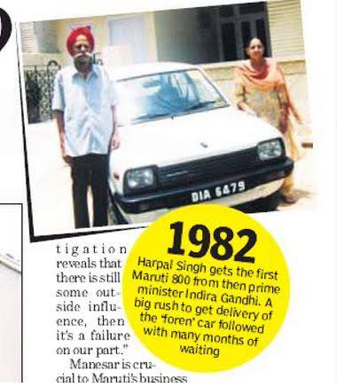 History | 1983 Prime Minister Mrs. Indira Gandhi hands over the keys of India's first Maruti 800 to its first customer, Mr. Harpal Singh, marking the beginning of a new era in