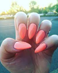 Pointy Stiletto Acrylics With Bright Coral Nail Polish Bright Coral Nails Coral Nail Polish Coral Nails