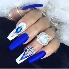 Just check out these awesome nails sets! Gorgeous Blue And White Coffin Shaped Nails Nails Design With Rhinestones Rhinestone Nails Acrylic Nail Designs