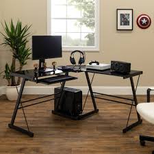 Its polished surface and tempered glass panels provide a. Walker Edison Modern L Shaped Tempered Glass Computer Desk Black D51b29 Best Buy