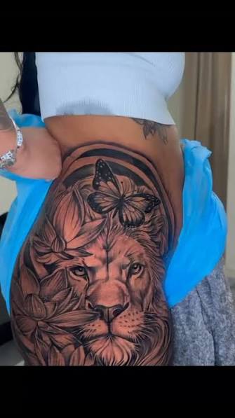 Amazing Thigh tattoo,with a half tiger face and half face of my client. 👌🏽