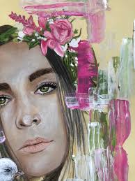 Girl With Bird Original Painting: Floral Wreath Portrait Illustration  (12x12)