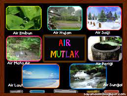 Air mutlak ialah air yang disambut dengan tidak berqaid dengan sesuatu,iaitu tujuh jenis air. Bahagian Bahagian Air Air Mutlak