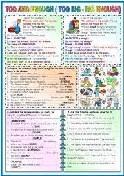 English Worksheet Too And Enough Grammar And Exercises Key B W Version Grammar Worksheets Grammar English Lessons