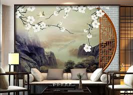 Papier peint intissé (pose de la colle sur le mur). Papier Peint Intisse Japonais Tapisserie Murale Zen Paysage Avec Les Fleurs Et Les Oiseaux Atelier Wybo