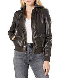 Levi S Two Pocket Faux Leather Hooded Bomber Jacket Hooded Bomber Jacket Leather Jackets Women Jacket Outfit Women
