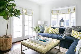 Get 5% in rewards with club o! Navy Blue Sectional With Yellow Ottoman Coffee Table Transitional Living Room