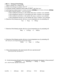 Entropy And Free Energy Worksheet For 11th Higher Ed