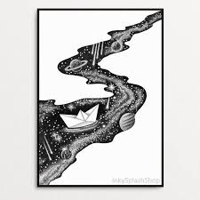 Space Print Surreal Art Printable Paper Boat Stars River Drawing Celestial Bedroom Wall Decor Modern Home Poster Childs Room Art Ink Dotwork In 2021 Surreal Art River Drawing Paper Boat
