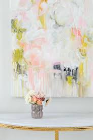Shop blush » love the art? Pink Gray Yellow Abstract Art Over Half Moon Console Table Transitional Entrance Foyer