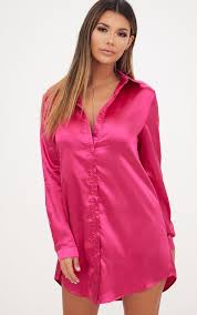 Fuchsia Satin Button Front Shirt Dress Pyjama Shirt Fashion Button Front Shirt Dress Fashion