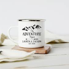 Couples Gift The Adventure Begins Mug Personalized Camp Mug Custom Coffee Wedding Favor Bridal Shower In 2020 Coffee Wedding Favors Coffee Wedding Couple Gifts