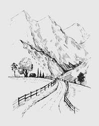 Black And White Road Drawing Sketch Of A Landscape With A Road And Mountains Hand Drawn Illustration In 2020 Cool Art Drawings Nature Sketches Pencil Landscape Sketch