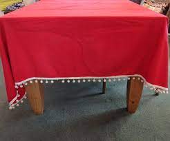 Vintage Large Red Tablecloth With White Pom Pom Fringe Vintage Home Decor Rectangular Christmas Tablecloth Red Tablecloth Christmas Table Cloth Table Cloth