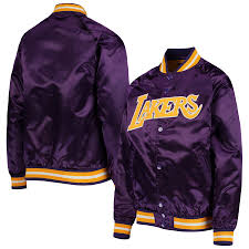 Welcome to the #lakeshow | 17x champions. Los Angeles Lakers Mitchell Ness Youth Hardwood Classics Satin Raglan Full Snap Jacket Purple