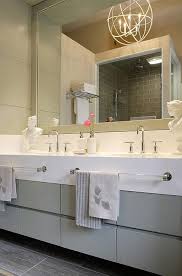 Gray Bathroom Vanity With Clear Glass Towel Bars Transitional Bathroom Grey Bathroom Vanity Gray Bathroom Decor Towel Bar