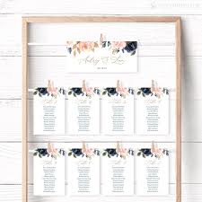 Navy And Pink Floral Seating Chart Cards Printable Wedding Seating Card Template 100 Editable Text 4x6 5x7 Blue Blush Gold Vwt13