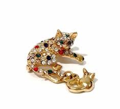 Rhinestone Cat And Mouse Pin Multi Color Stones Dangle Mouse Gold Tone Cat Jewelry Cat Lover Gift Vintage Gift For Multi Color Stones Cat Jewelry Jewelry