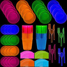 Neon Disposable Party Supplies Set 16 Guest 2 Size Plates Tumbler Cups Napkins Cutlery Glows Under Black Light Or Uv Pink Green Blue Orange For B Neon