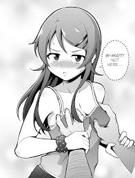 geewhy, kousaka kirino, ore no imouto ga konna ni kawaii wake ga nai,  highres, 1boy, 1girl, blush, bra, bra peek, breasts, cleavage, english  text, grabbing anothers breast, greyscale, groping, half-closed eyes,  holding