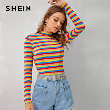 Shein Multicolor Stand Collar Striped Ribbed Knit Casual T Shirt Women Tops 2019 Autumn Long Sleeve Form Fitted Stretchy Tees T Shirts Aliexpress