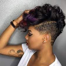 Black Short Curly Hairstyles Purple Ends Black Hair Undercut White Shirt Inside Arm Tattoo Shaved Side Hairstyles Shaved Hair Women Undercut Hairstyles