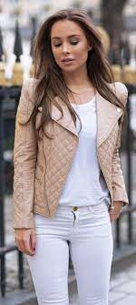 White On White White Top White Pants Light Tan Cream Jacket Leather Jacket Outfits