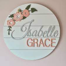 Custom Wood Name Sign Round Sign Floral Shiplap Etsy Baby Name Signs Wood Name Sign Baby Wall Art