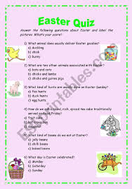 Oct 31, 2019 · questions and answers bible quiz at challenge the brain, we regularly update our bible quiz questions and answers to bring you the best bible trivia with quizzes about bible names, dates, events, easter, passover, the crucifixion, the resurrection, lent, christmas, biblical stories, parables, saints, disciples and other important people who were present during the lifetime of jesus. Easter Quiz Esl Worksheet By Brainteaser