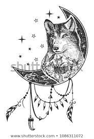 Vector Boho Wolf Tattoo Or T Shirt Print Design Wolf Head On Crescent Moon Combined With Nature And Boho E Wolf And Moon Tattoo Wolf Tattoo Shirt Print Design