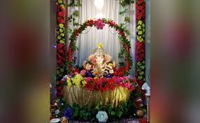 Traditional backdrop ideas | lotus theme. Ganpati Flower Decoration Ideas At Home