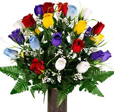Choose blooms for any room in your home. Amazon Com Sympathy Silks Artificial Cemetery Flowers Realistic Outdoor Grave Decorations Assorted Mix Of Red Blue Purple Yellow And White Roses With Lily Grass Home Kitchen