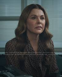 WornOnTV: Kit's brown geometric print tie neck blouse