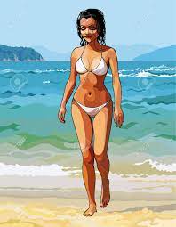 Cartoon Of A Beautiful Girl In A White Bikini Walking On The Beach  Клипарты, SVG, векторы, и Набор Иллюстраций Без Оплаты Отчислений. Image  36511960