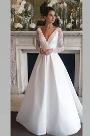 Deep V Neckline Satin Wedding Gown With Sheer Lace Sleeves From Narsbridal Wedding Dress Long Sleeve Satin Wedding Gown Wedding Dresses Satin