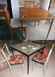 Before And After Game Night Vintage Wooden Card Table With Built In Drink Holders And Folding Wooden Chairs Upda Wooden Step Stool Wooden Chair Wooden Doors