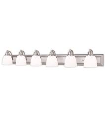 Brushed nickel socket and shade combined with galvanized pipes gives and industrial and modern look that can be matched with other fixtures in your bathroom and look sophisticated in any home decor. Livex Lighting 10506 91 Springfield 6 Light 48 Inch Brushed Nickel Bath Vanity Wall Light