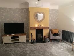 New Living Room Graham Brown Grey Soft Ochre Wallpaper With Dulux Butter Biscuit Paint Brown Living Room New Living Room Room