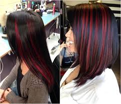 Schwarze Haare Mit Intensiv Roten Strahnchen Rubinrot Starker Farbkontrast Schwarze Haare Rote Strahnen Haarfarbe Schwarz Haarfarben
