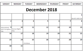 Calendar December 2018 Jan 2019