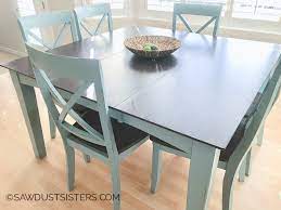 Yellow and gray dining room table from sanna & sania (use google translate) stenciled table from pretty handy girl. Diy Dining Table Makeover Sawdust Sisters